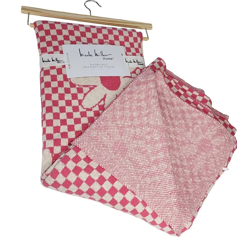 Nicole Miller Cotton‎ Throw Blanket Decorative Oversize Floral And Check 50x70in